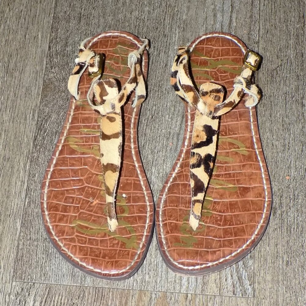Sam Edelman Gigi Calf Hair Leopard Print  T-Strap Thong Sandals Size  6.5